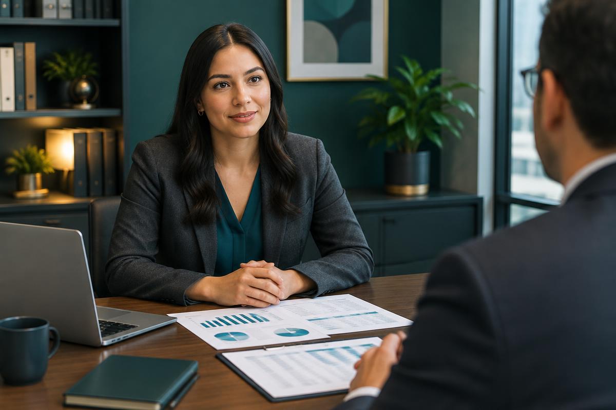 An accountant in an interview with financial reports on the desk