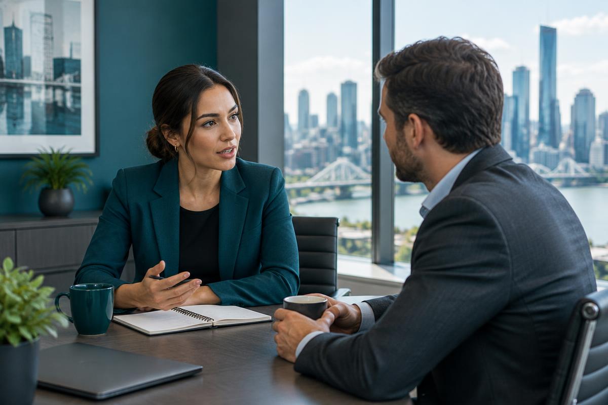 A recruiter and employer in a briefing conversation in a Brisbane office