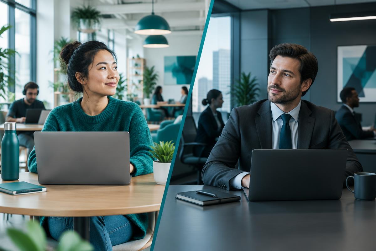 A contractor in a coworking space and a permanent employee in a corporate office
