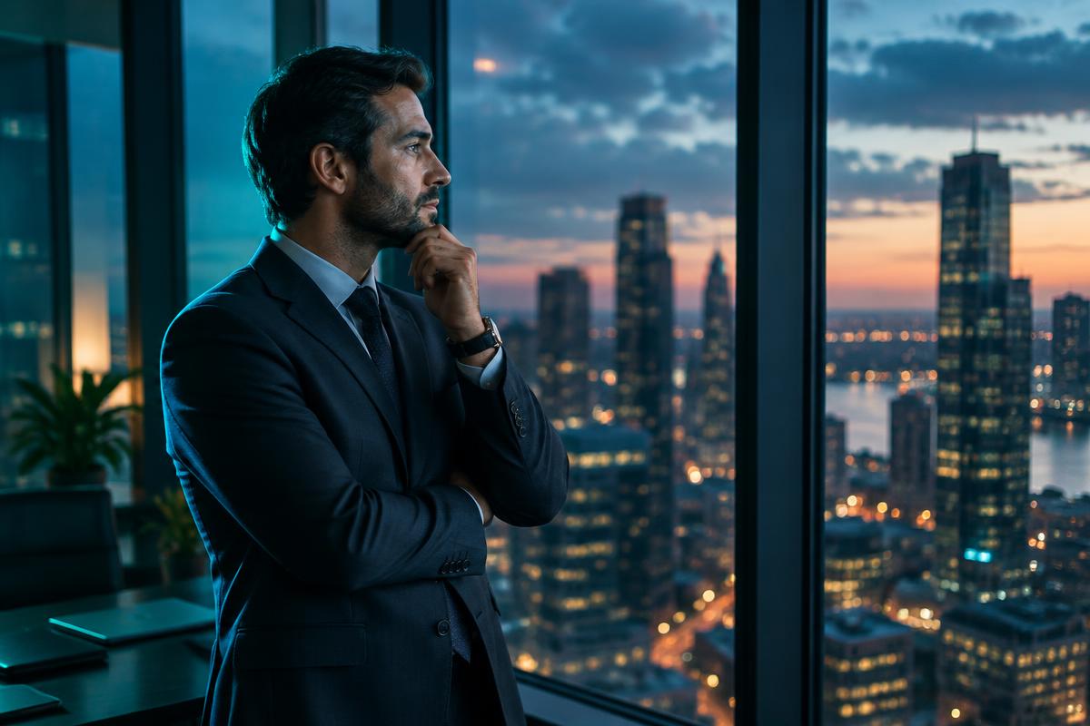 A finance professional looking out an office window over the city at dusk