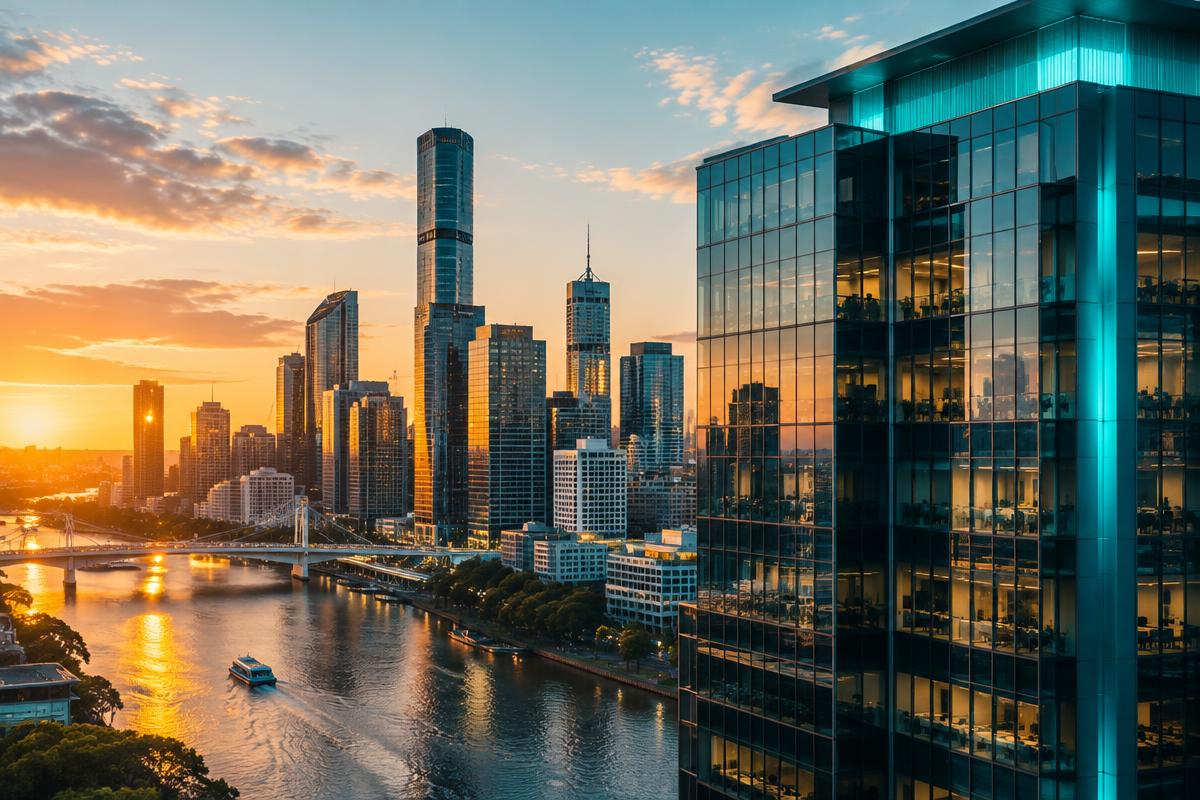 The Brisbane city skyline and river at golden hour